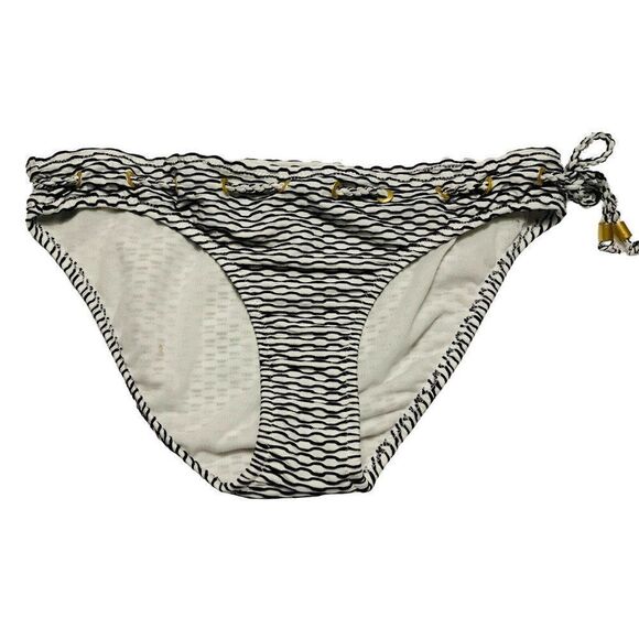 Jessica Simpson Black Wavy Line Bikini Bottom Sz M Drawstring Side Tie Flaw NEW - Picture 2 of 6